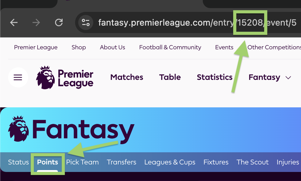 Screenshot showing where to find your FPL Team ID in the URL on the Points tab